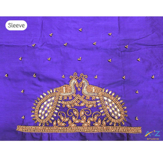Royal Blue Maggam Work Blouse Sleeve with Twin Peacock Design – Trending Bridal Blouse Design 2025