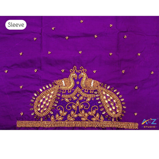 Purple Maggam Work Blouse Sleeve with Twin Peacock Design – Latest Bridal Blouse Embroidery 2025