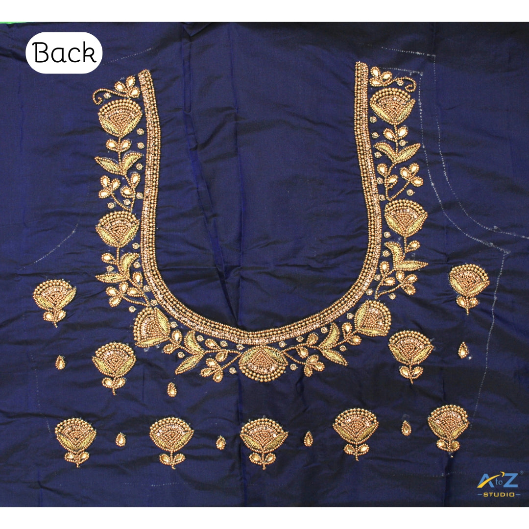 Navy Blue Silk Blouse Piece With Aari Work