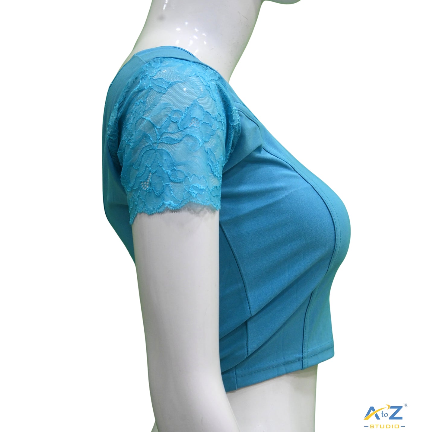 Sky Blue Polyester Lycra Net Short Sleeves