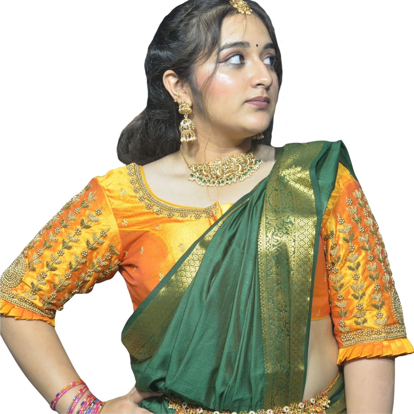 Designer Mango Blouse with Leaf and Flower Sleeve Design and Aari Embroidered Back