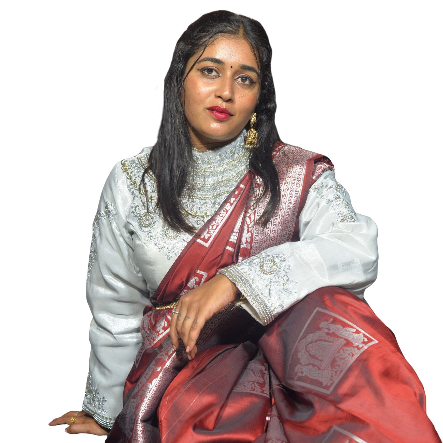 Designer Silver Blouse with Floral and Moti Sleeves and Aari Embroidered Back