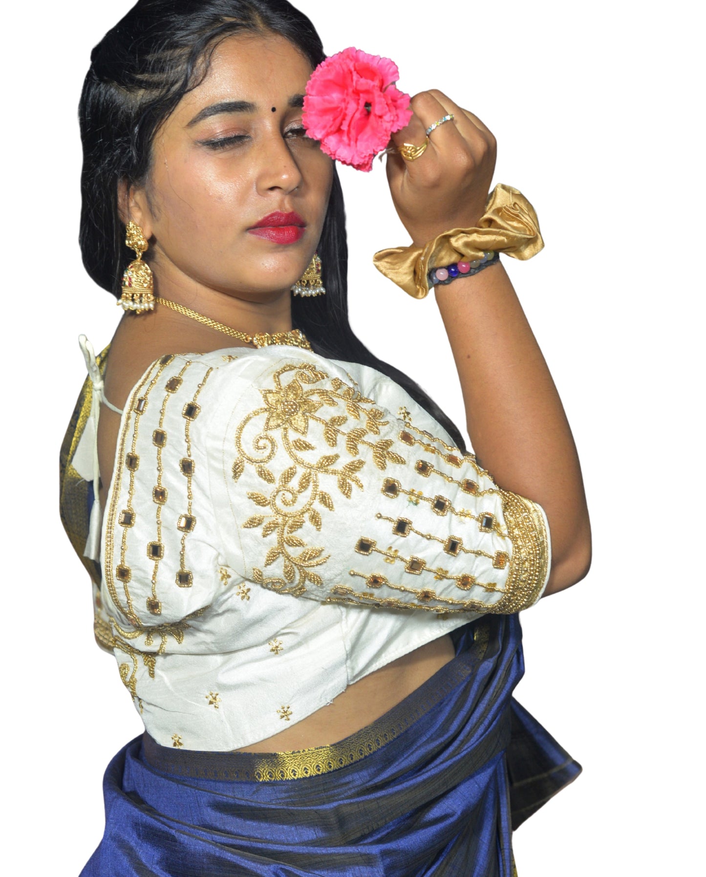 Designer White Blouse with 5-Petal Floral Motifs and Chain Mirror Work Sleeves