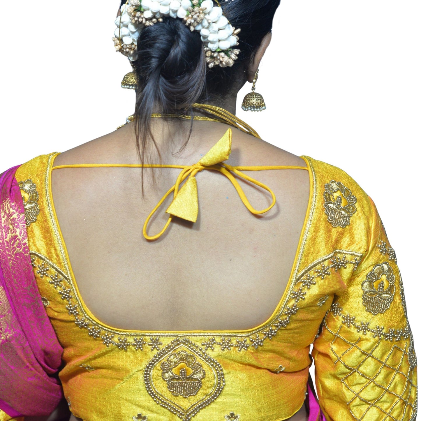 Traditional Yellow Blouse with Criss-Cross Sleeves and Lakshmi Aari Work