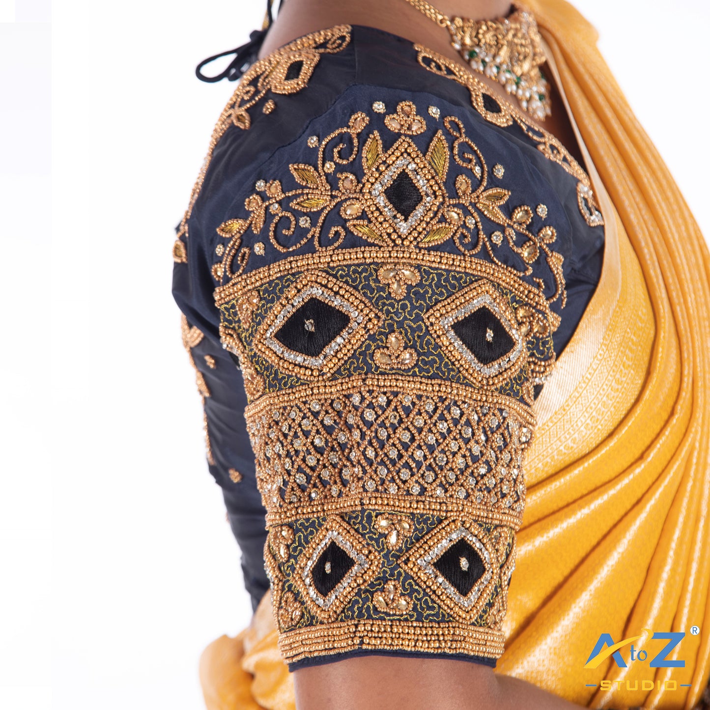 Navy Blue Silk Cloth Blouse with Kite,kundan and leaf design Design