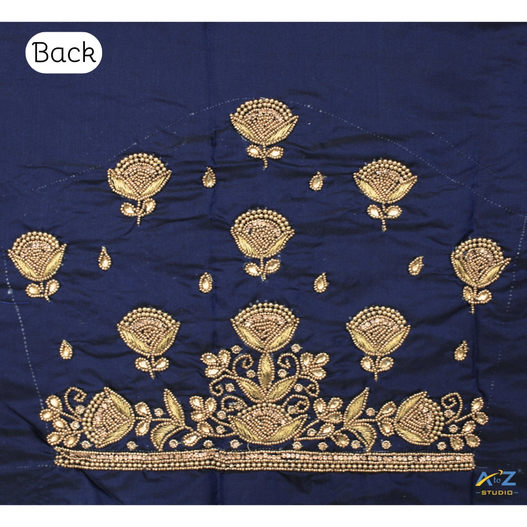 Navy Blue Silk Blouse Piece With Aari Work