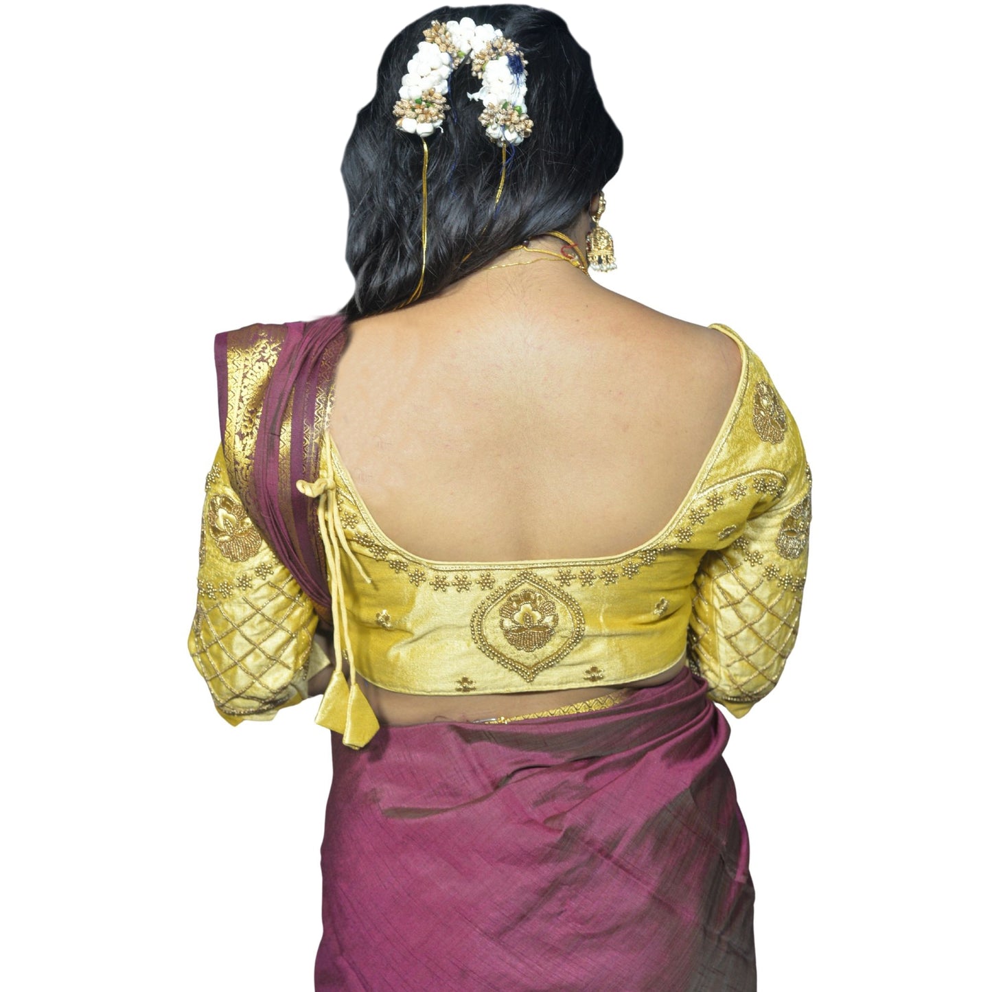 Traditional Gold Blouse with Criss-Cross Sleeves and Lakshmi Aari Work
