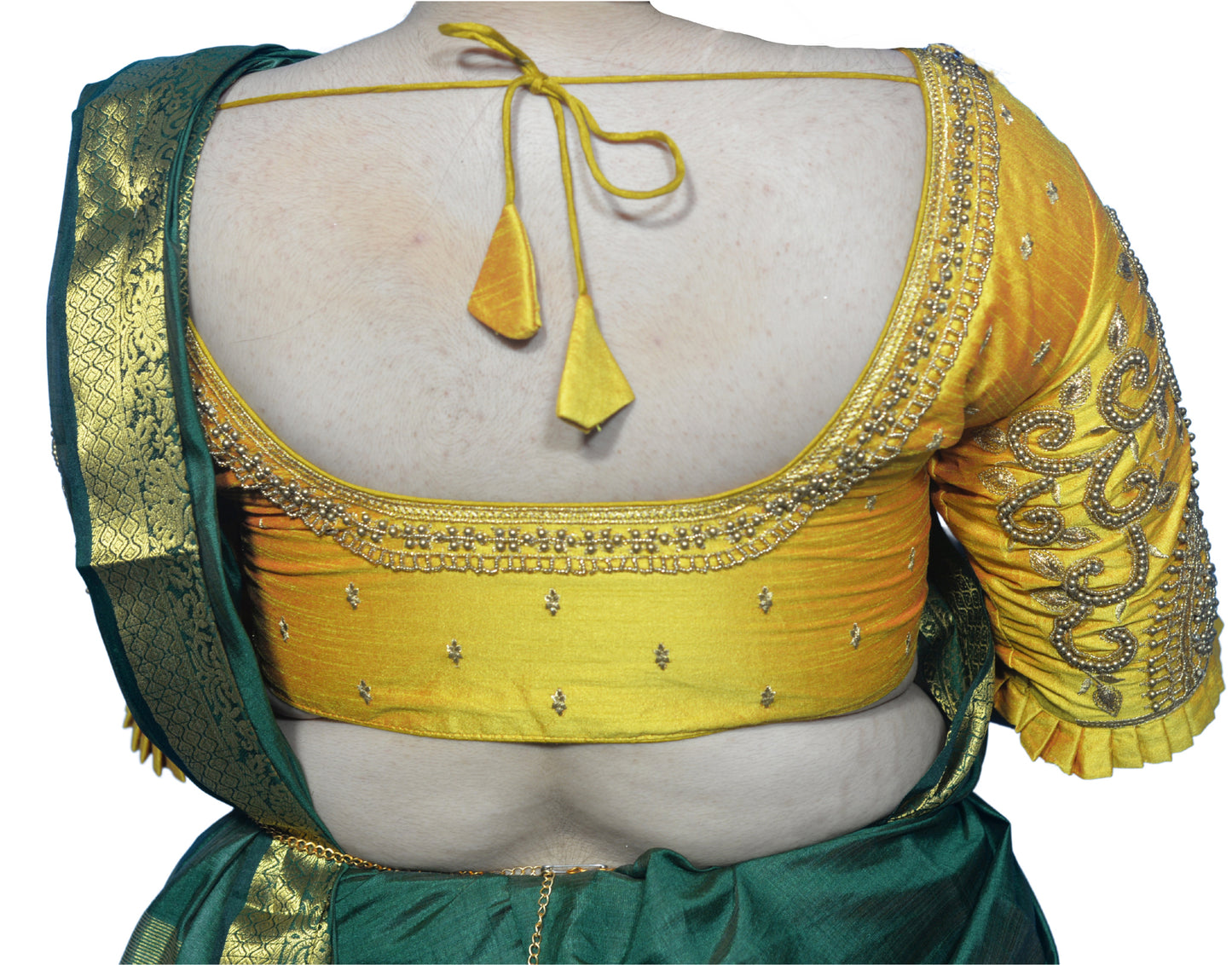Golden Yellow Blouse with Leaf Sleeves & Dual Embroidery