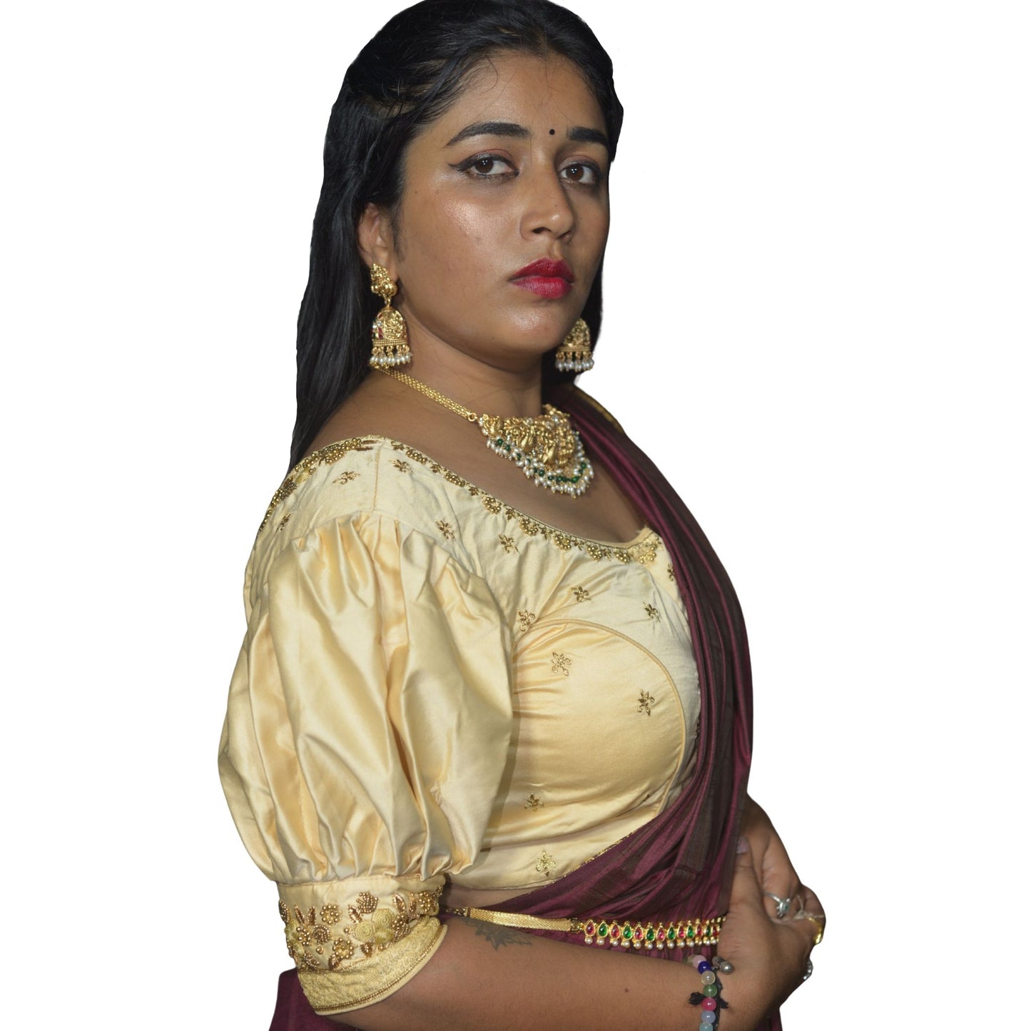 Ivory Blouse with Gold Motifs, Dual Embroidery Detailing