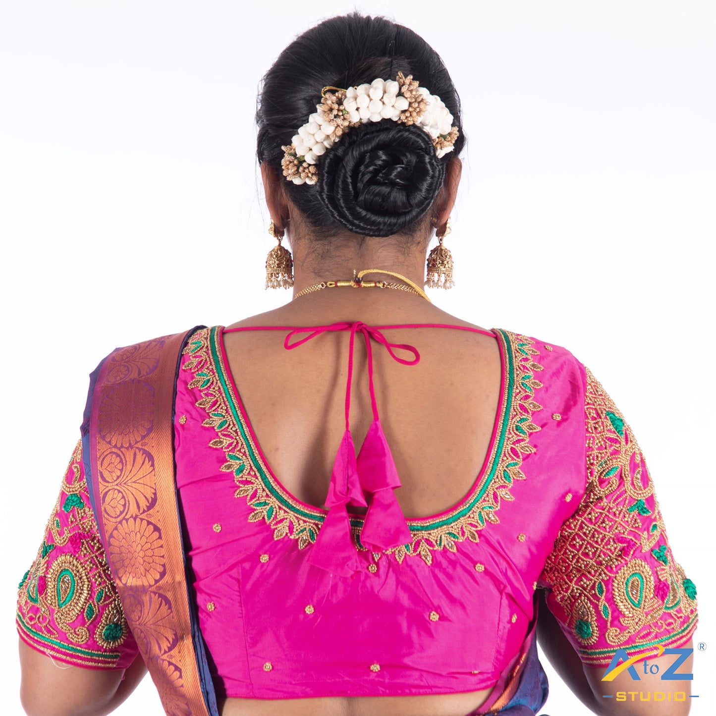 Bright Pink Silk Cloth Blouse with Bird and leafs and flowers Design
