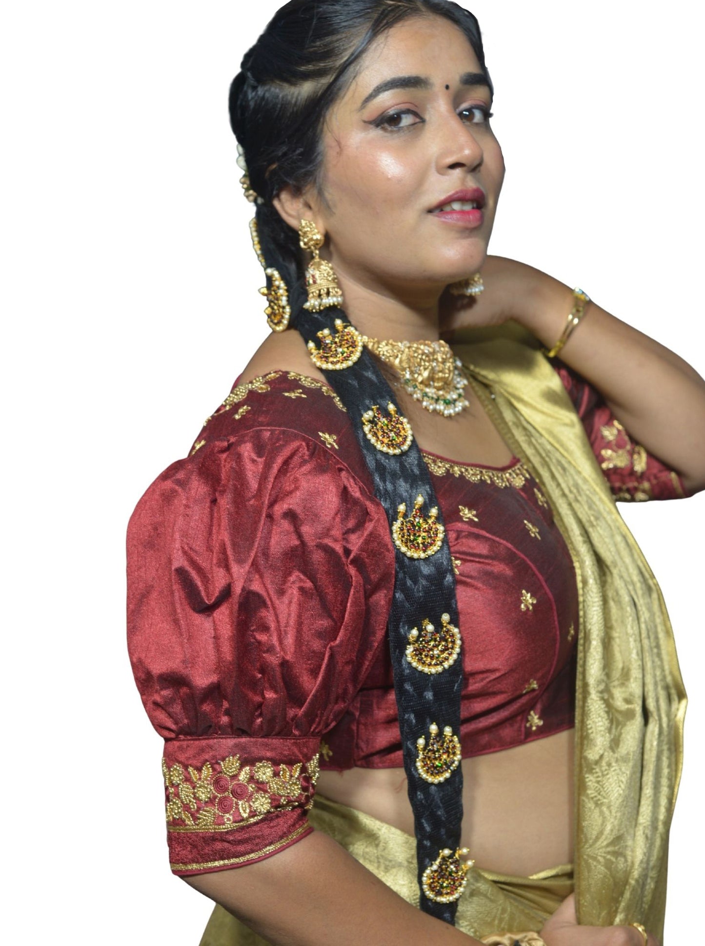 Maroon Blouse with Gold Motifs & Dual Embroidery