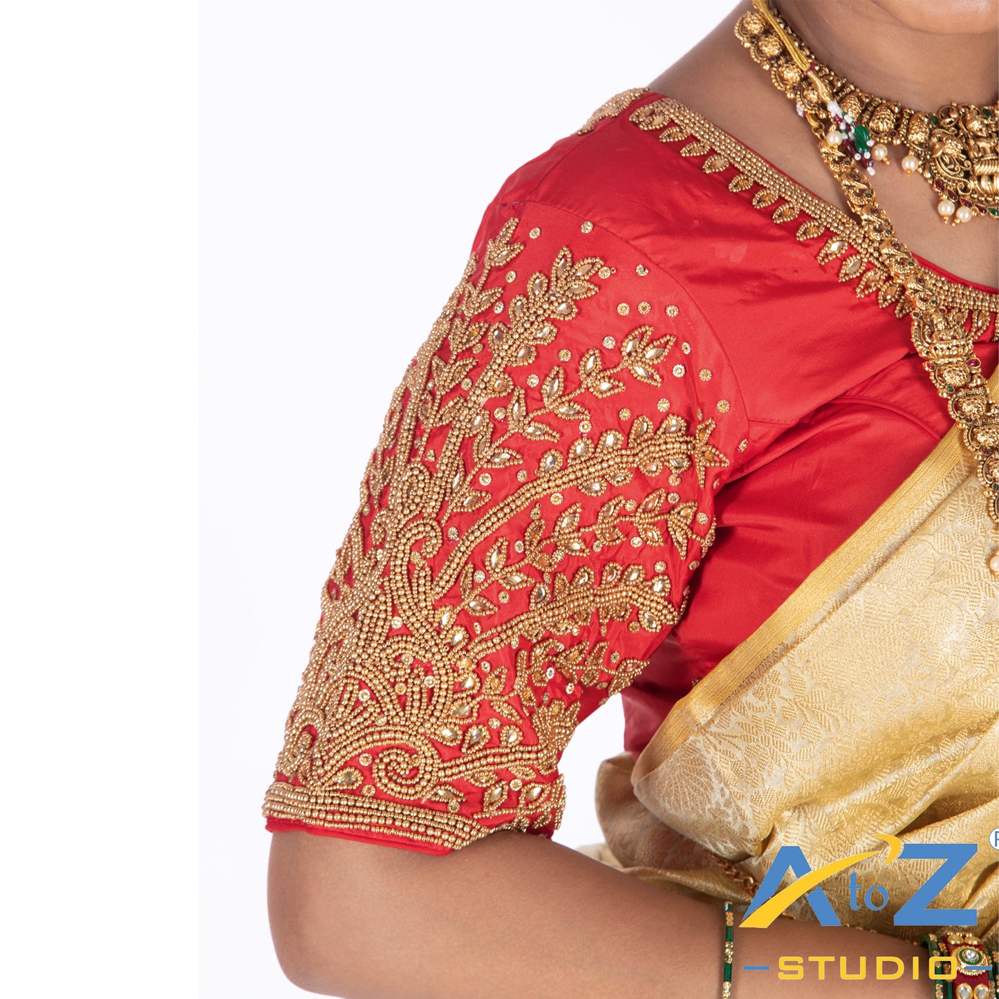 Light Red Tissue / Gold Work Blouse with Small leaf (like flower pot) and chain work Design