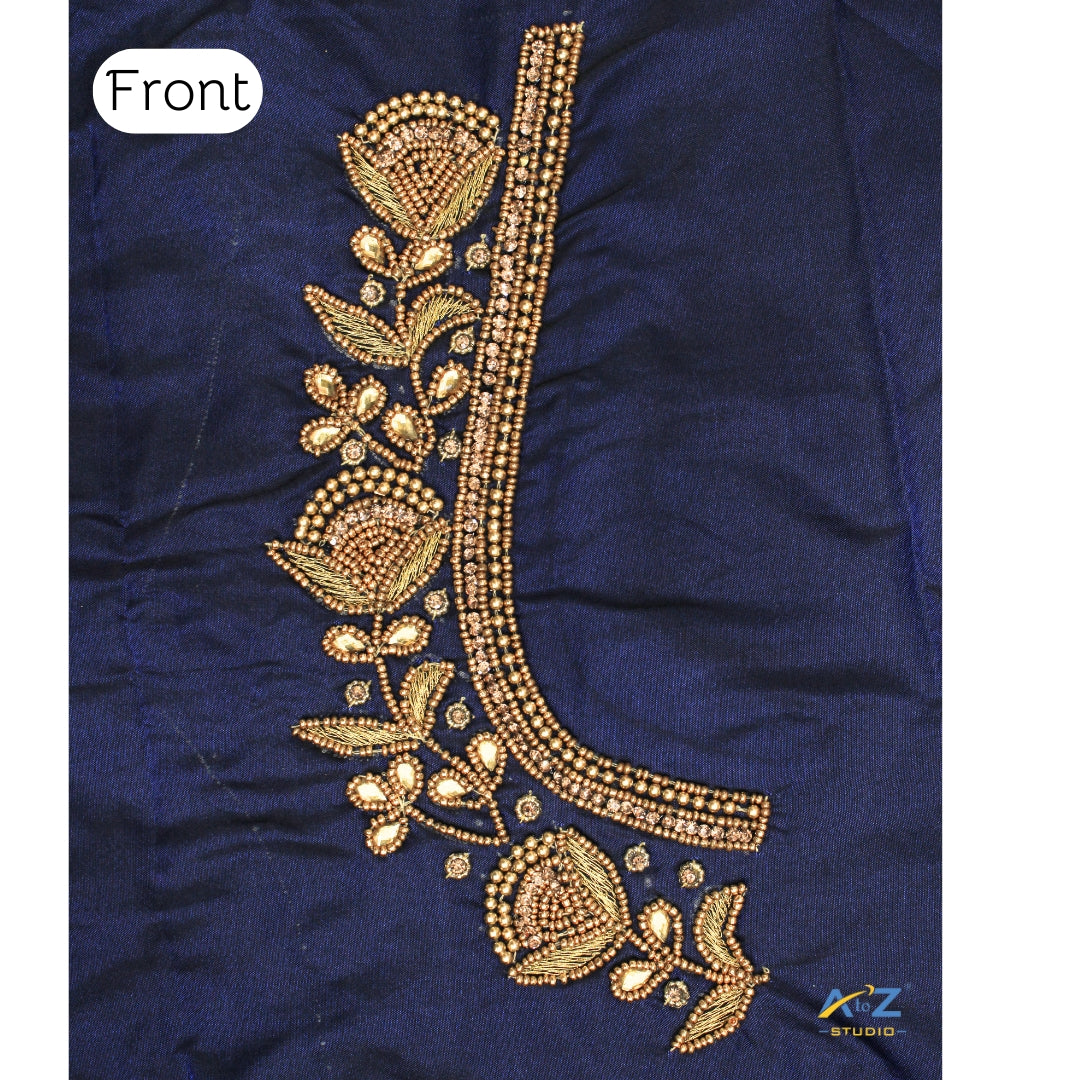 Navy Blue Silk Blouse Piece With Aari Work