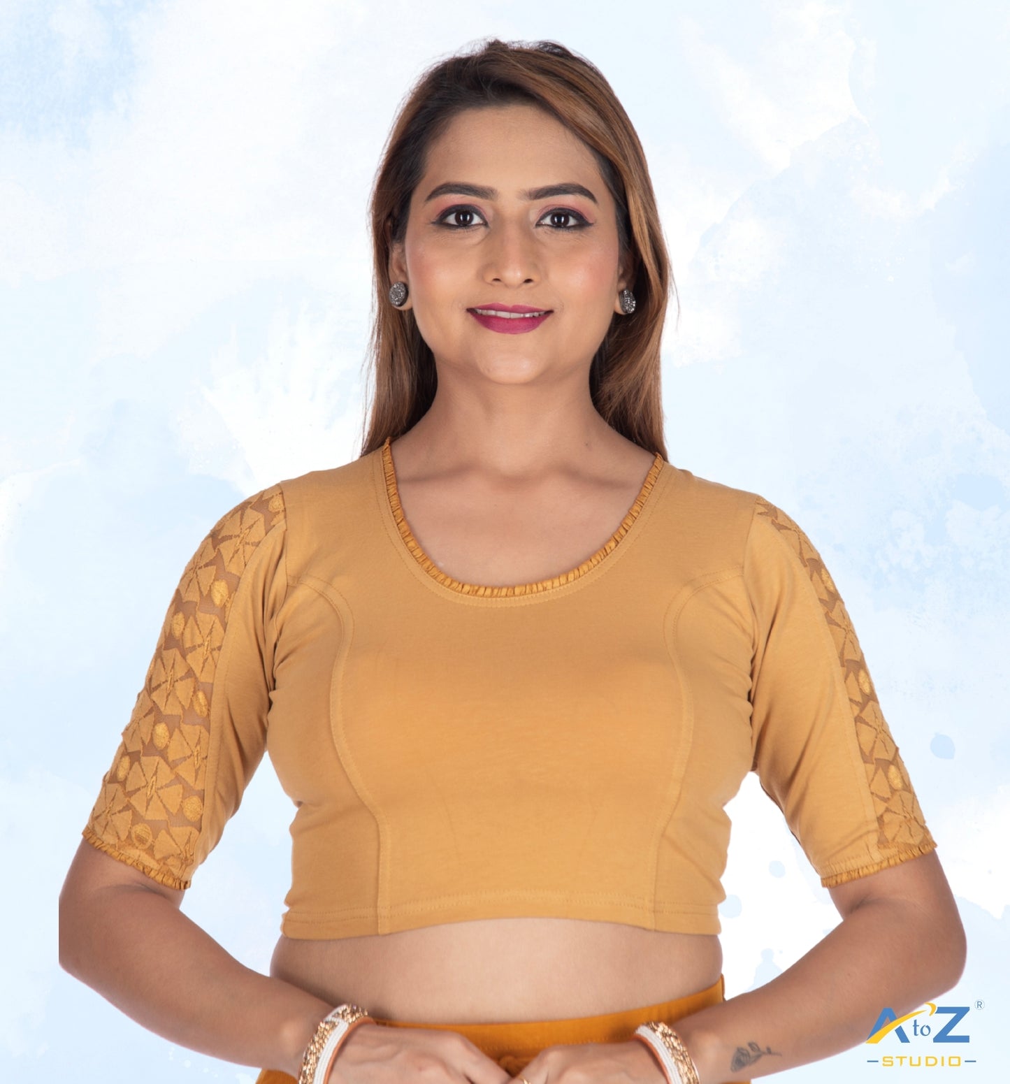 Dark Chiku Cotton Lycra Blouse with Netted Flower Design