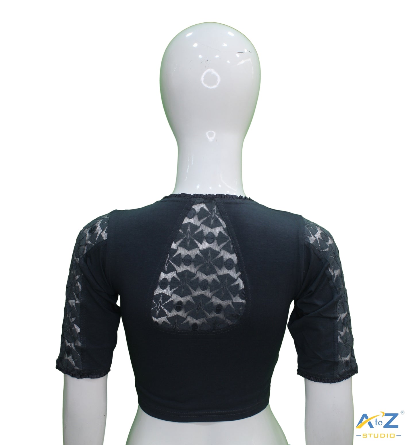 Grey Cotton Lycra Blouse with Netted Flower Design