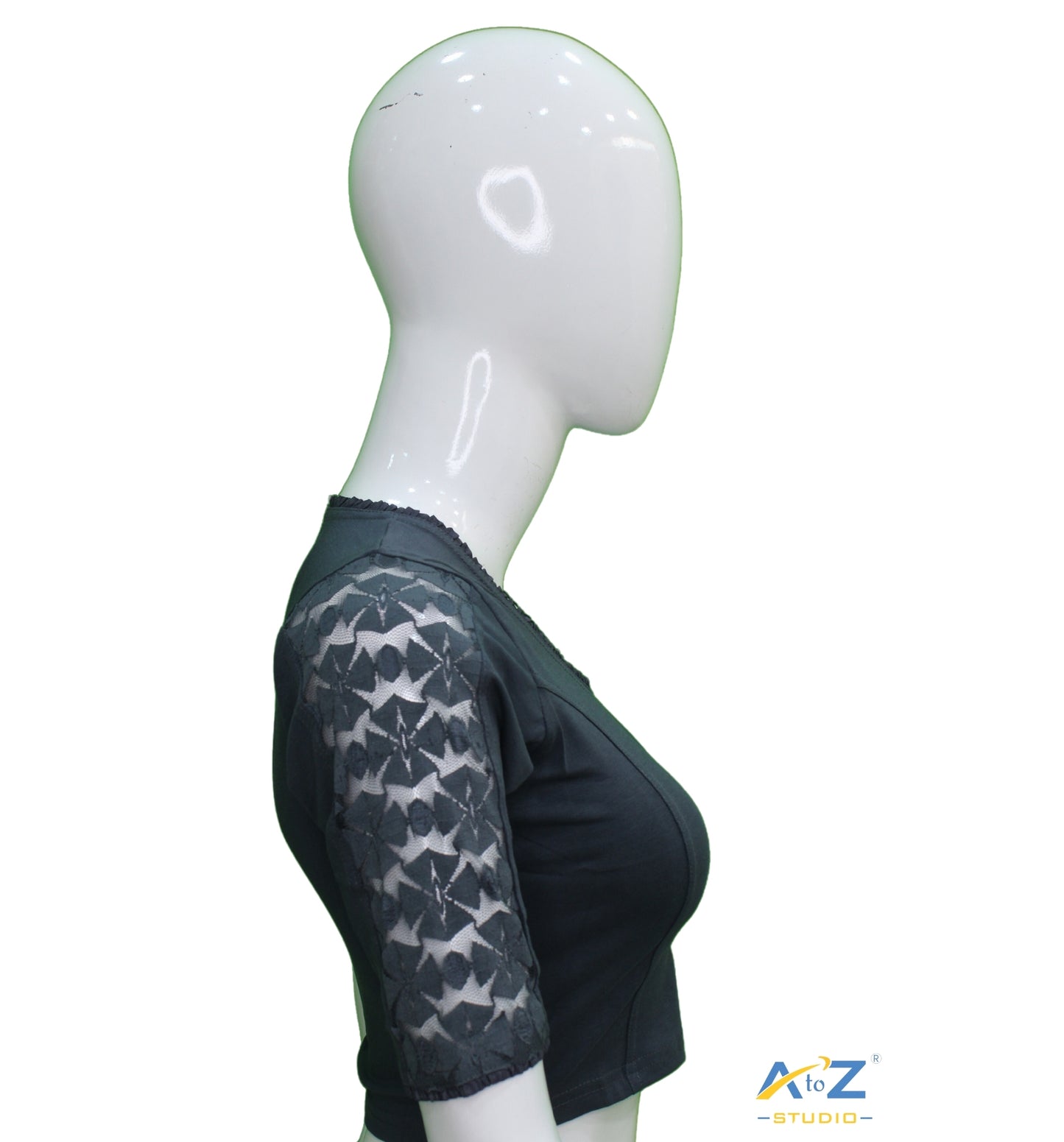 Grey Cotton Lycra Blouse with Netted Flower Design