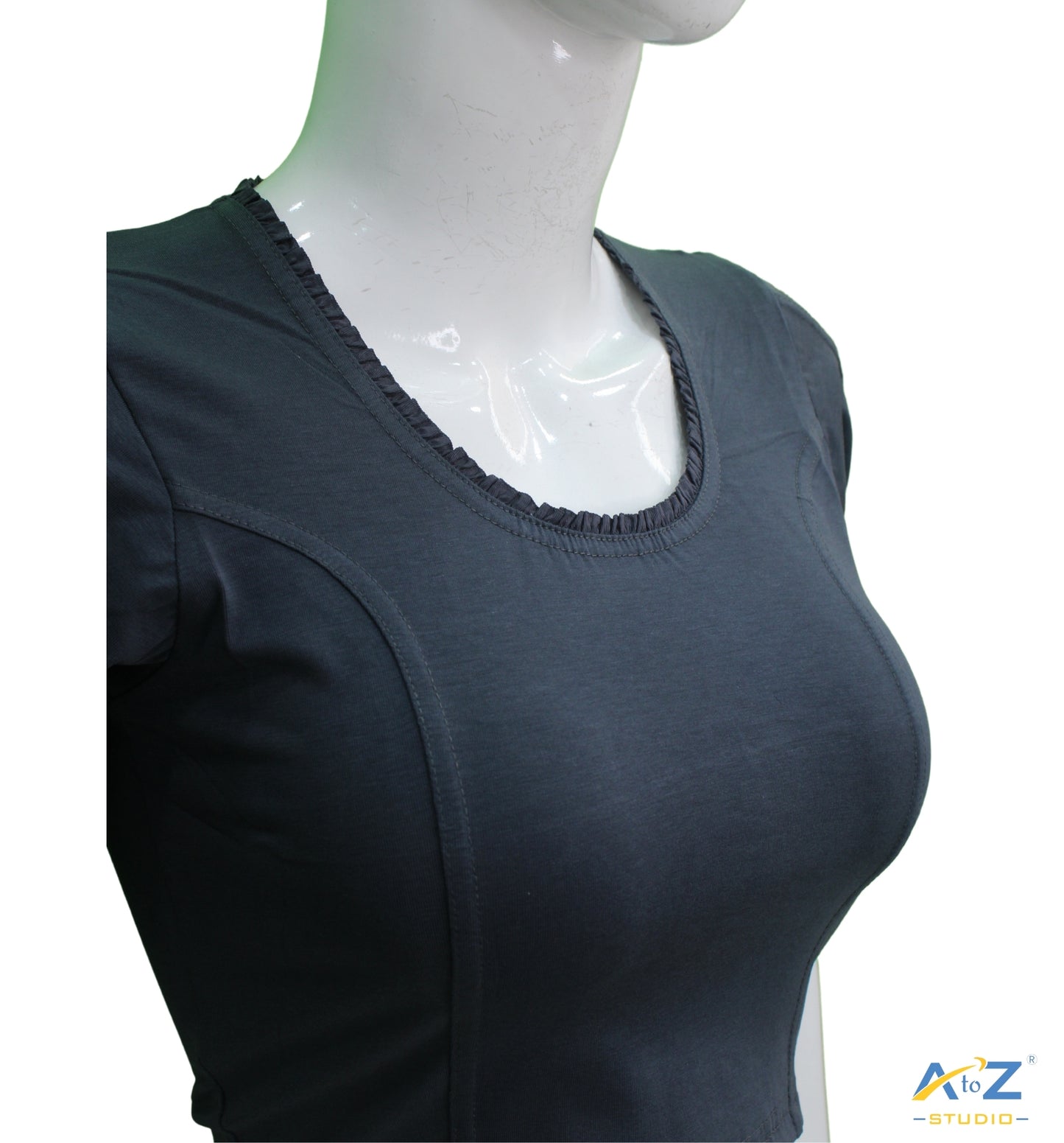 Grey Cotton Lycra Blouse with Netted Flower Design