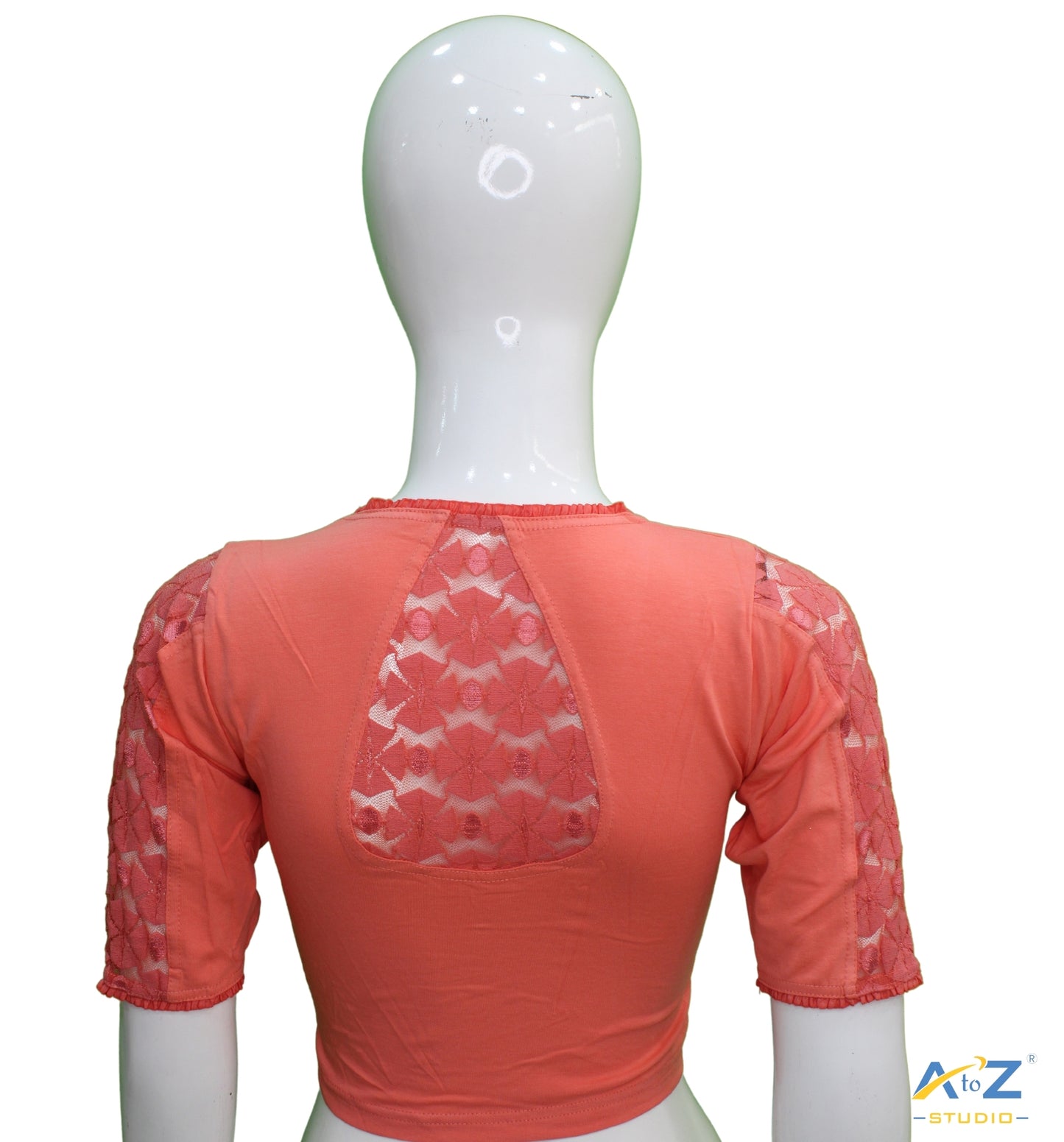 Peach Cotton Lycra Blouse with Netted Flower Design