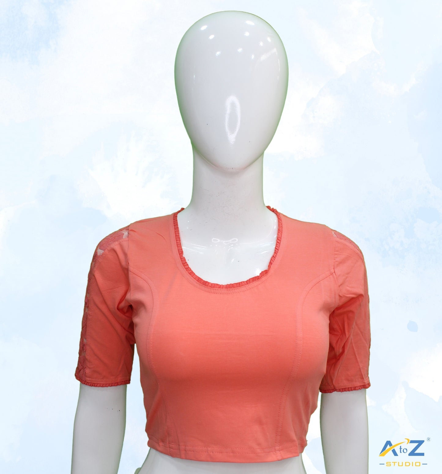 Peach Cotton Lycra Blouse with Netted Flower Design