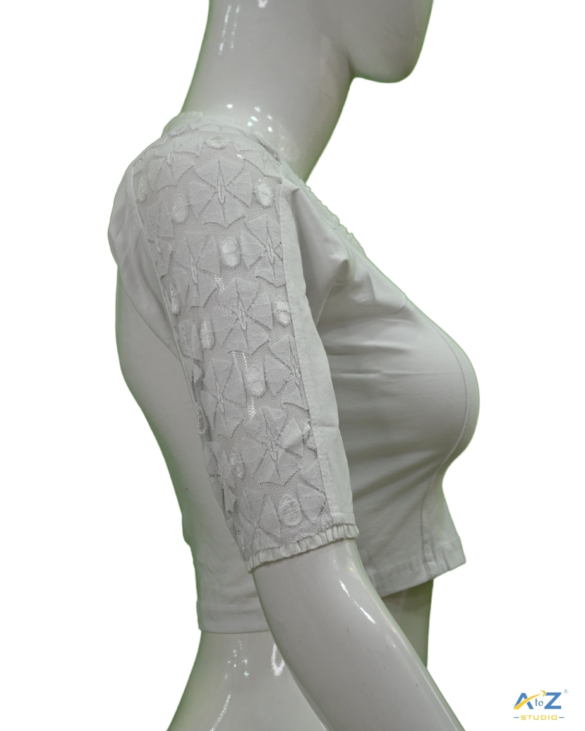 White Cotton Lycra Blouse with Netted Flower Design