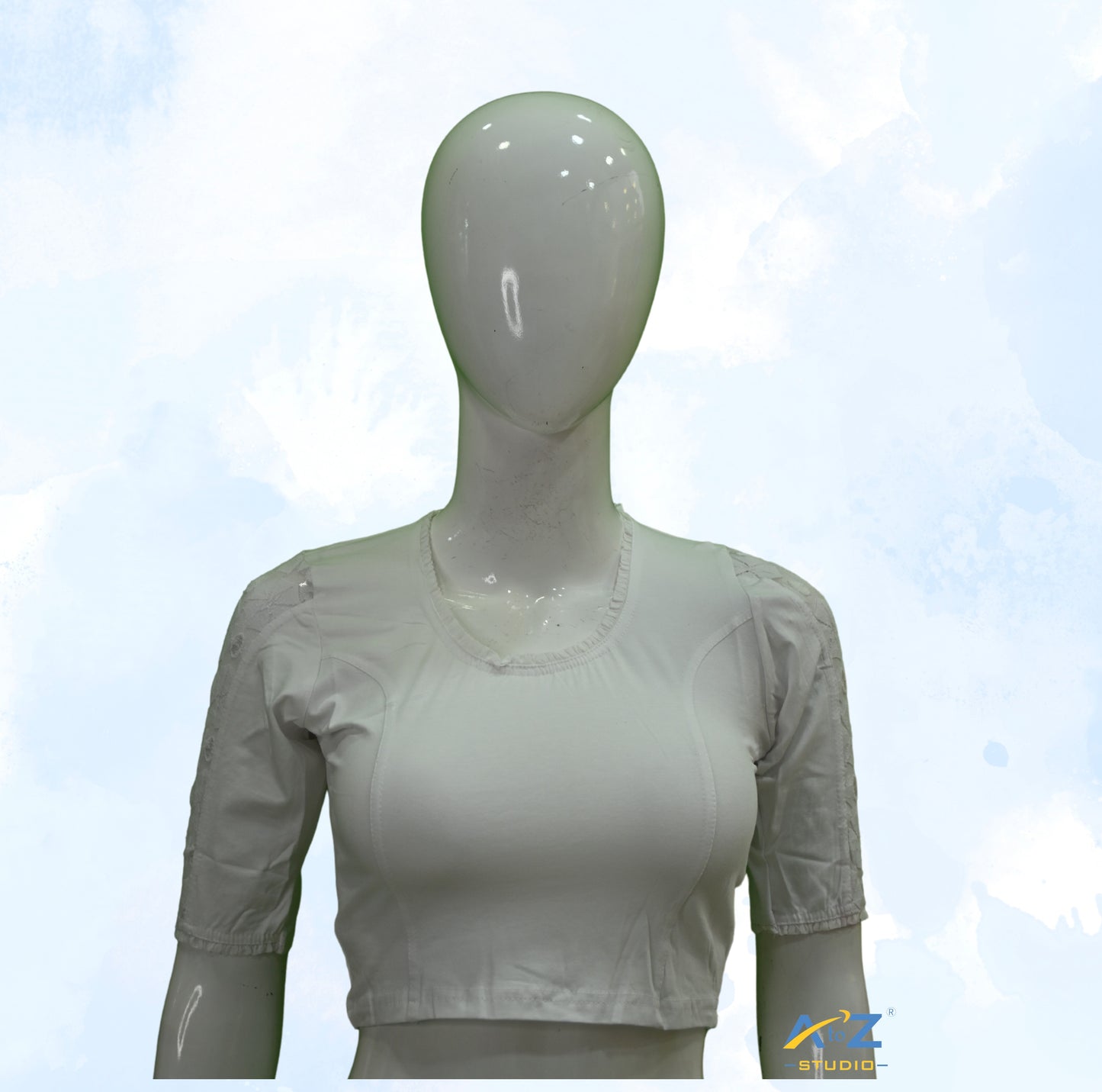 White Cotton Lycra Blouse with Netted Flower Design