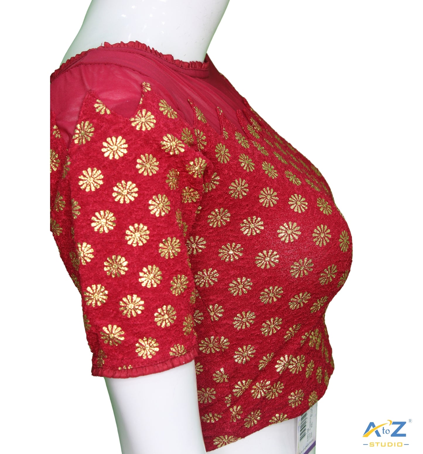 Redish Maroon Crush Blouse with Golden Flower & Net