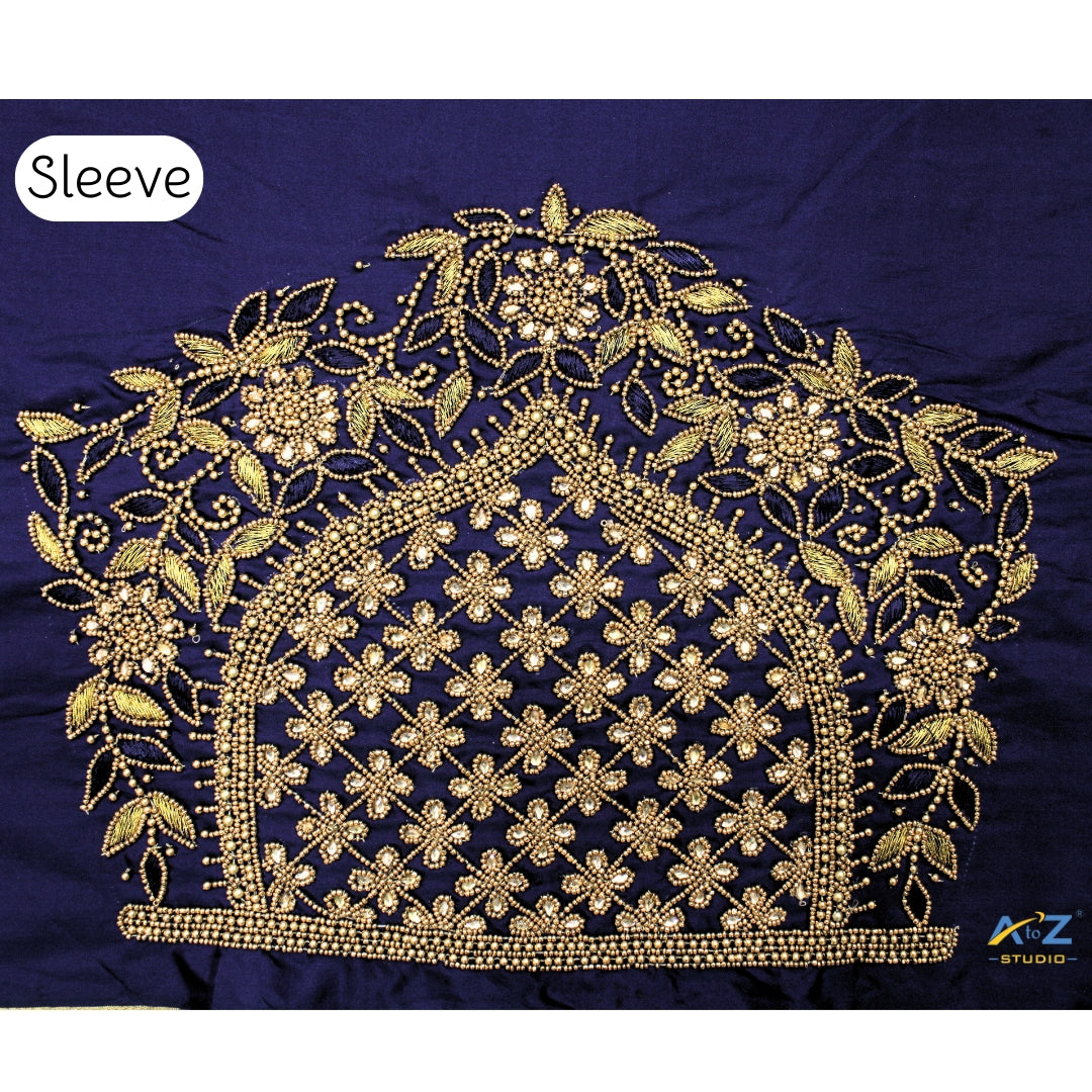 Navy Blue Silk Blouse Piece With Aari Work