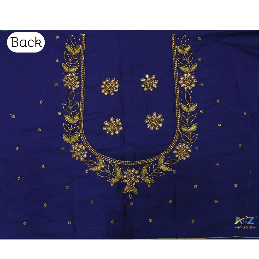 Navy Blue Silk Blouse Piece With Aari Work