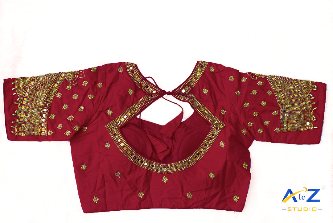 Dark Magenta Silk Cloth Blouse with Small peacock ,chain and mirror Design