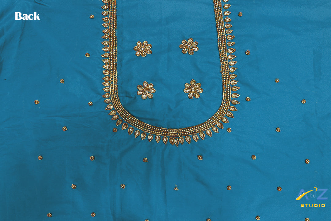 Dark Aqua Silk Blouse Piece With Aari Work