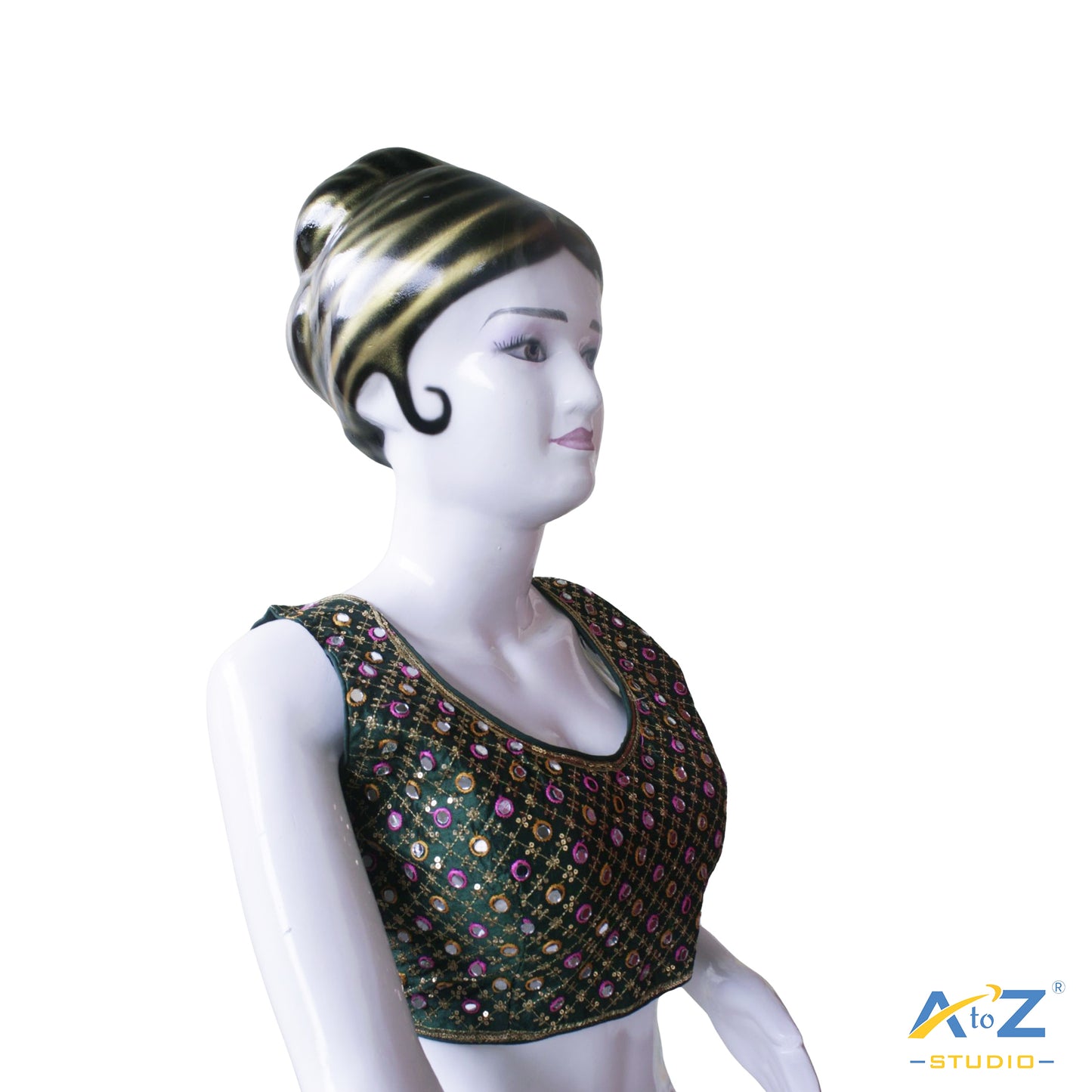 Hand-Embroidered Bottle Green blouse with sequin & Mirror work.