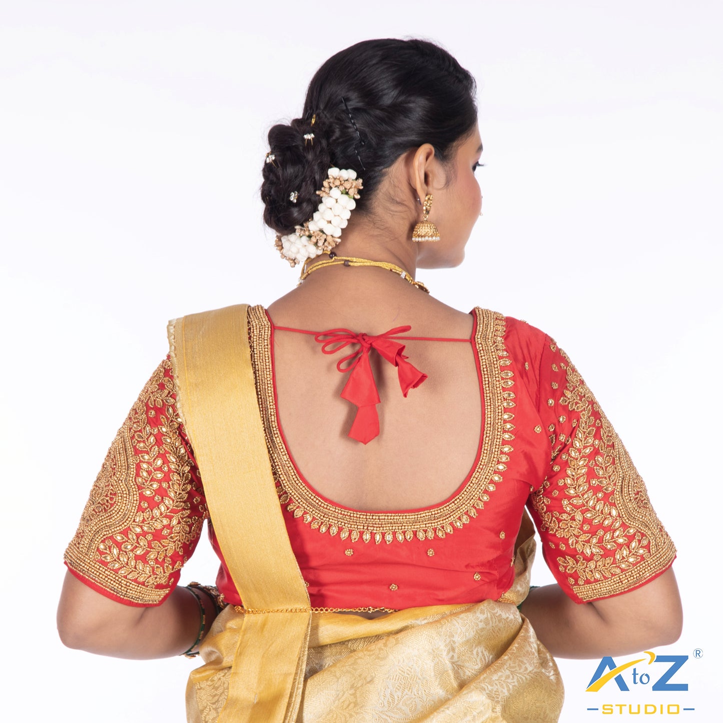 Red Silk Cloth Blouse with Small leaf and chain work Design