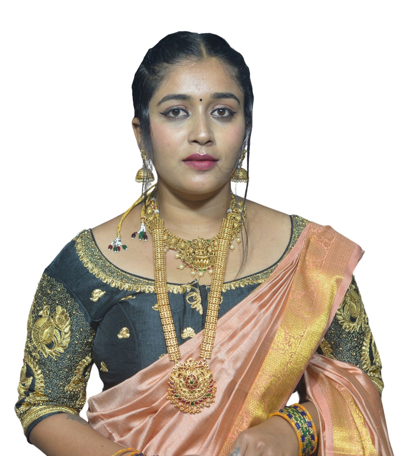 Designer Black Blouse with Peacock Sleeve Motifs and Jumka Aari Fusion Back