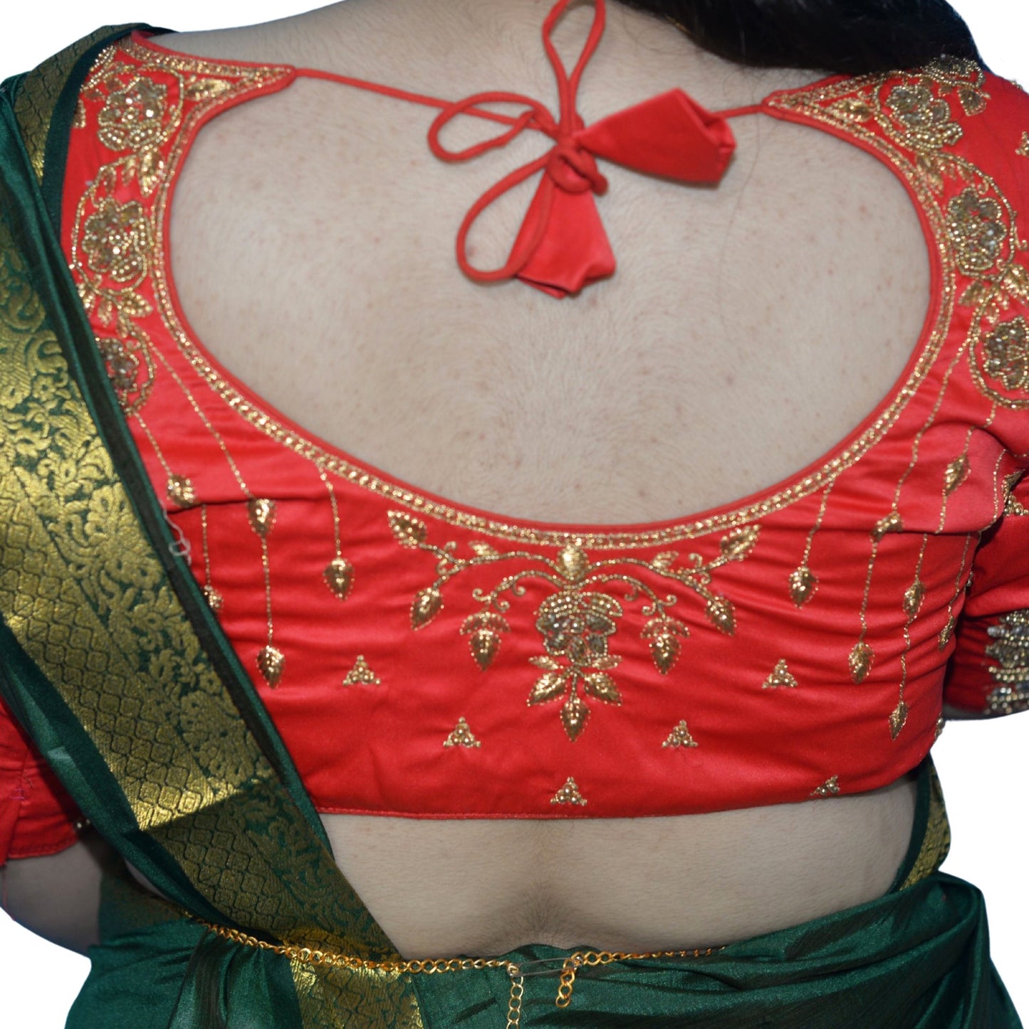 Designer Tomato Blouse with Floral and Moti Sleeves and Aari Embroidered Back