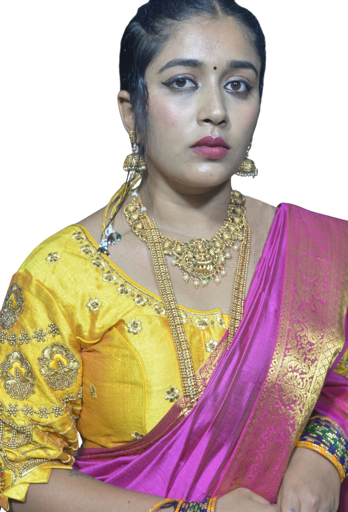 Traditional Yellow Blouse with Criss-Cross Sleeves and Lakshmi Aari Work