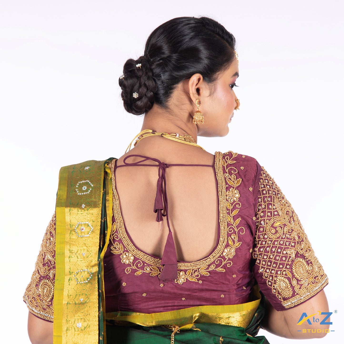 Pink Wine Silk Cloth Blouse with Small Peacock and square chain Design