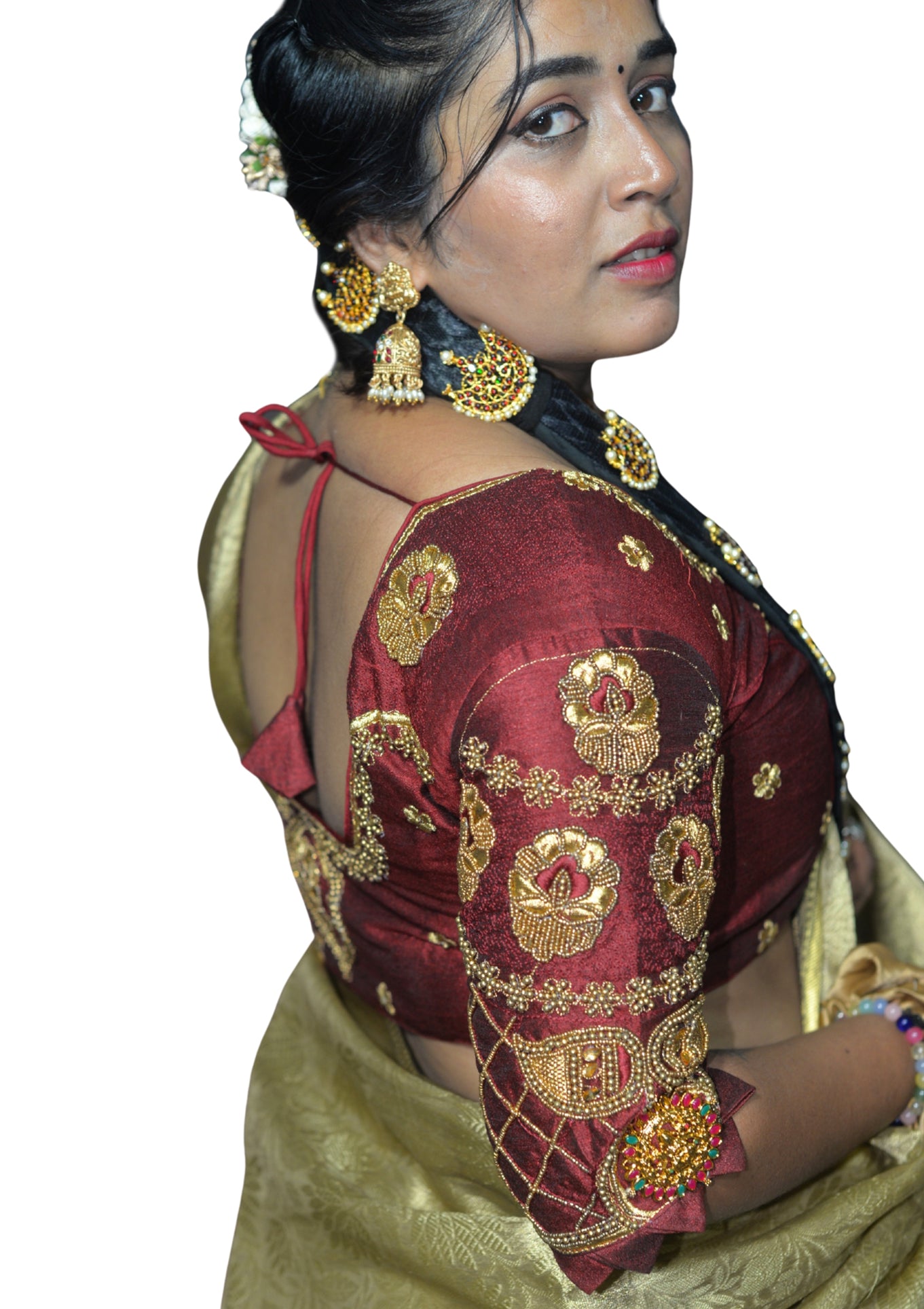 Traditional Maroon Blouse with Criss-Cross Sleeves and Lakshmi Aari Work