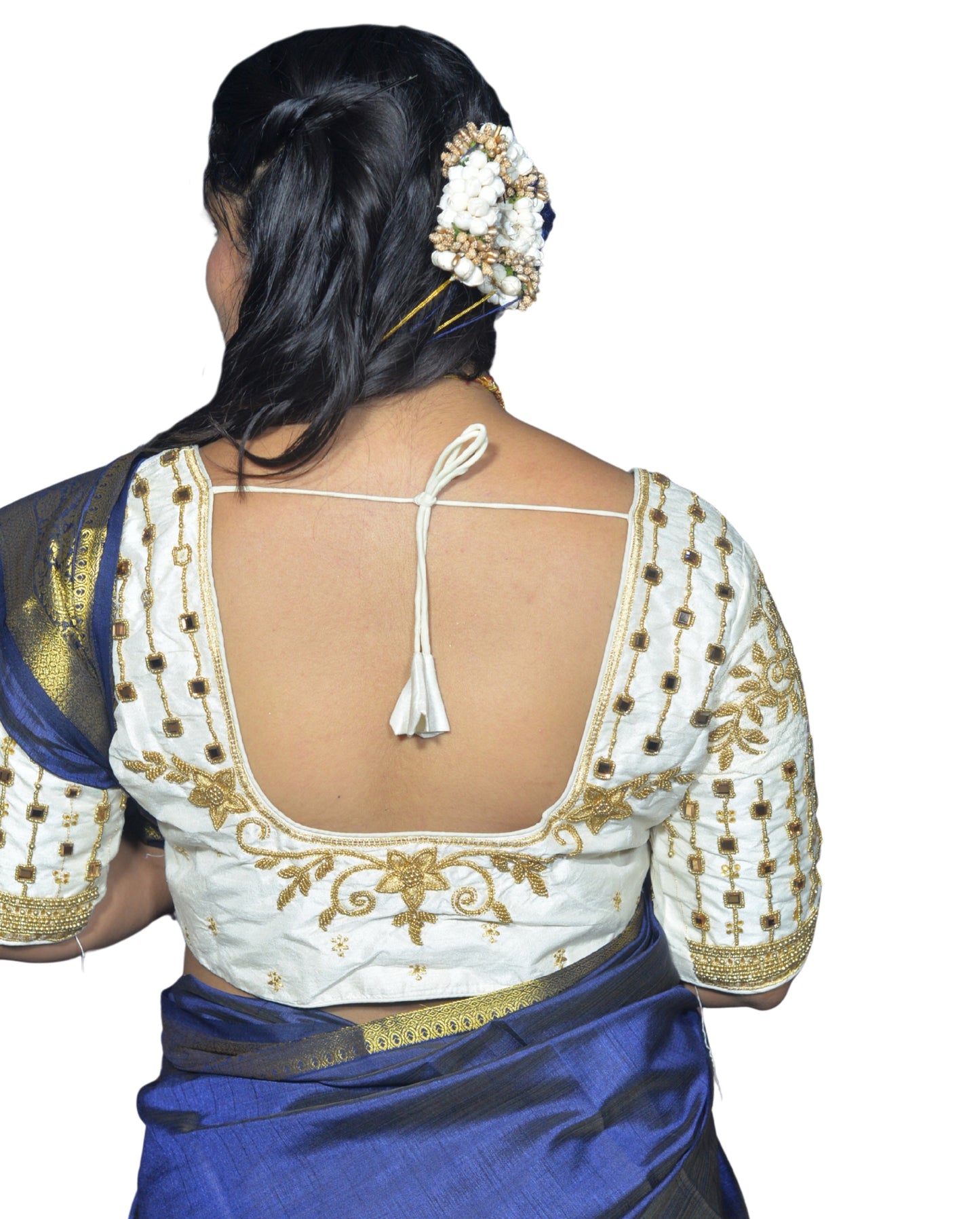 Designer White Blouse with 5-Petal Floral Motifs and Chain Mirror Work Sleeves