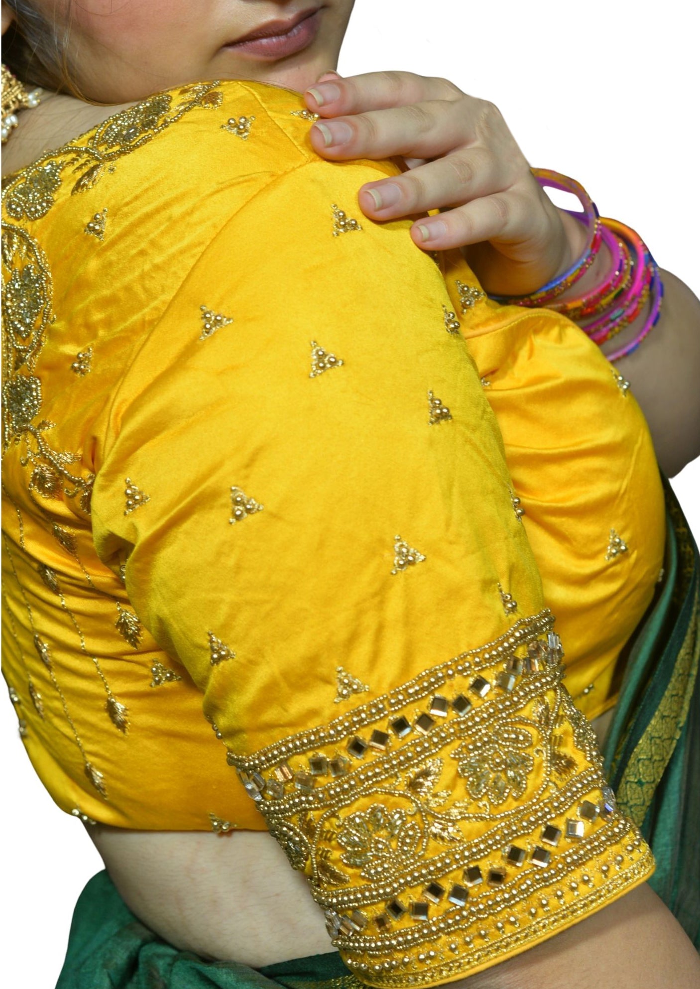 Designer Golden Yellow Blouse with Floral and Moti Sleeves and Aari Embroidered Back