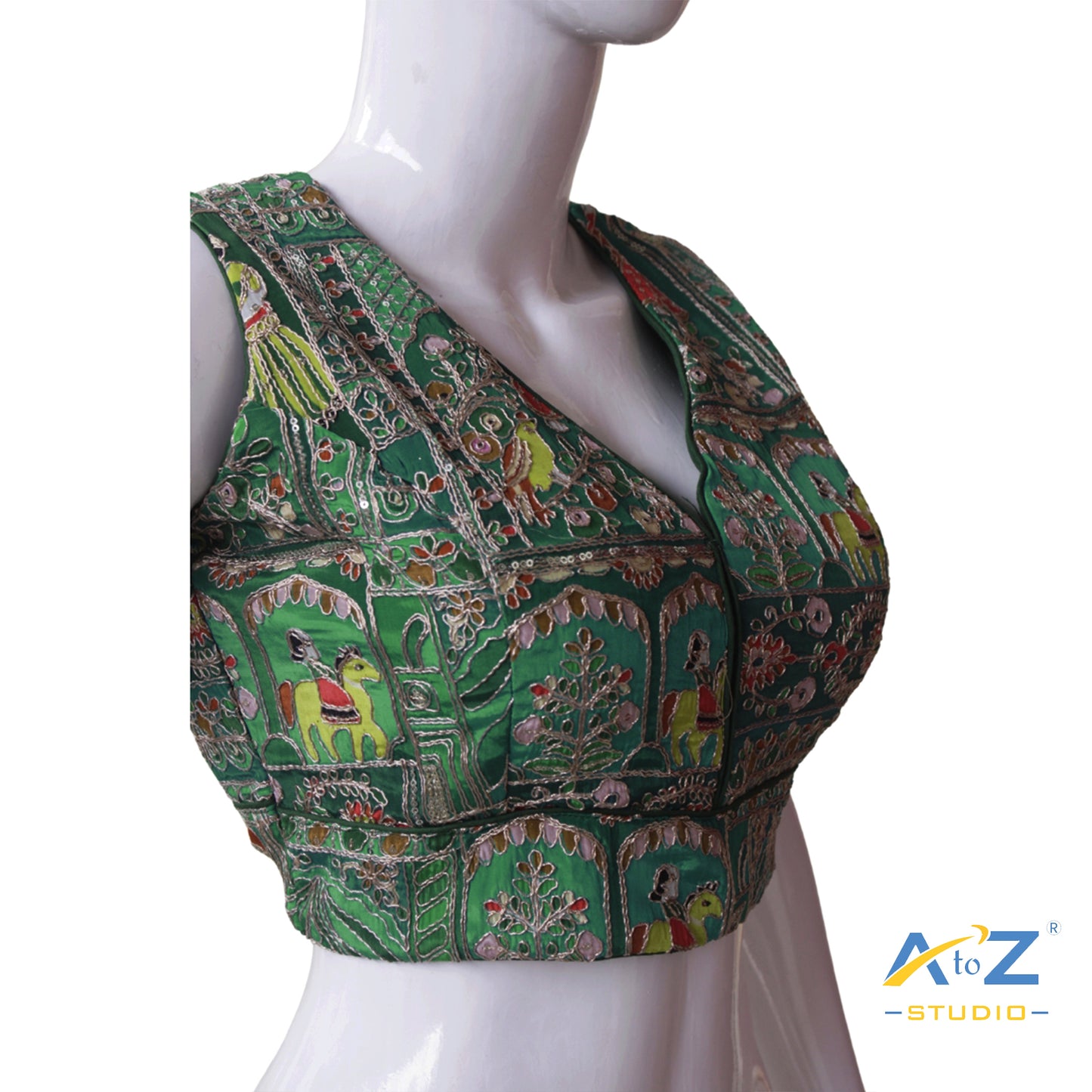 Dark Green Ethnic Blouse with Traditional Rajasthani Mirror Work & Embroidery