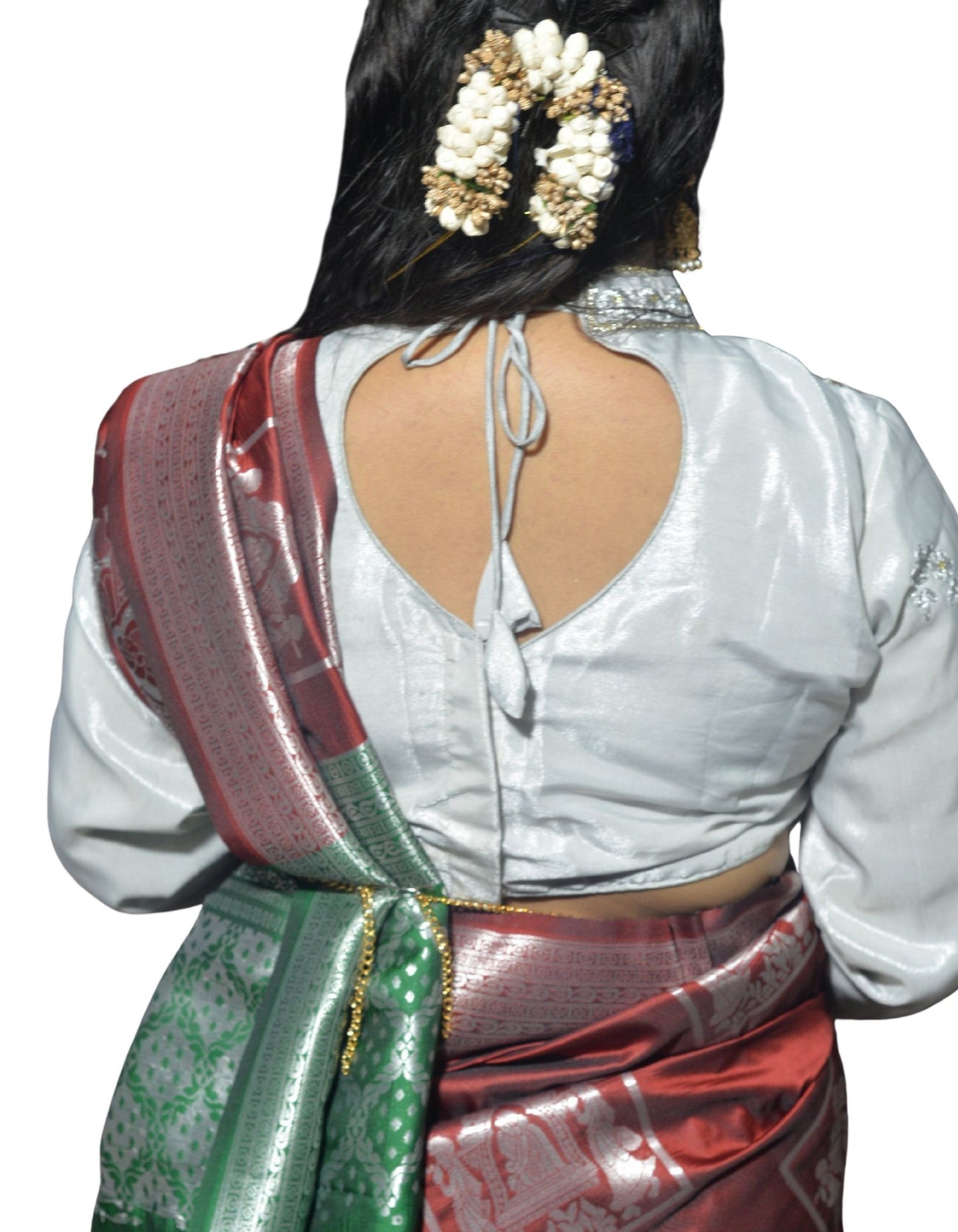 Designer Silver Blouse with Floral and Moti Sleeves and Aari Embroidered Back