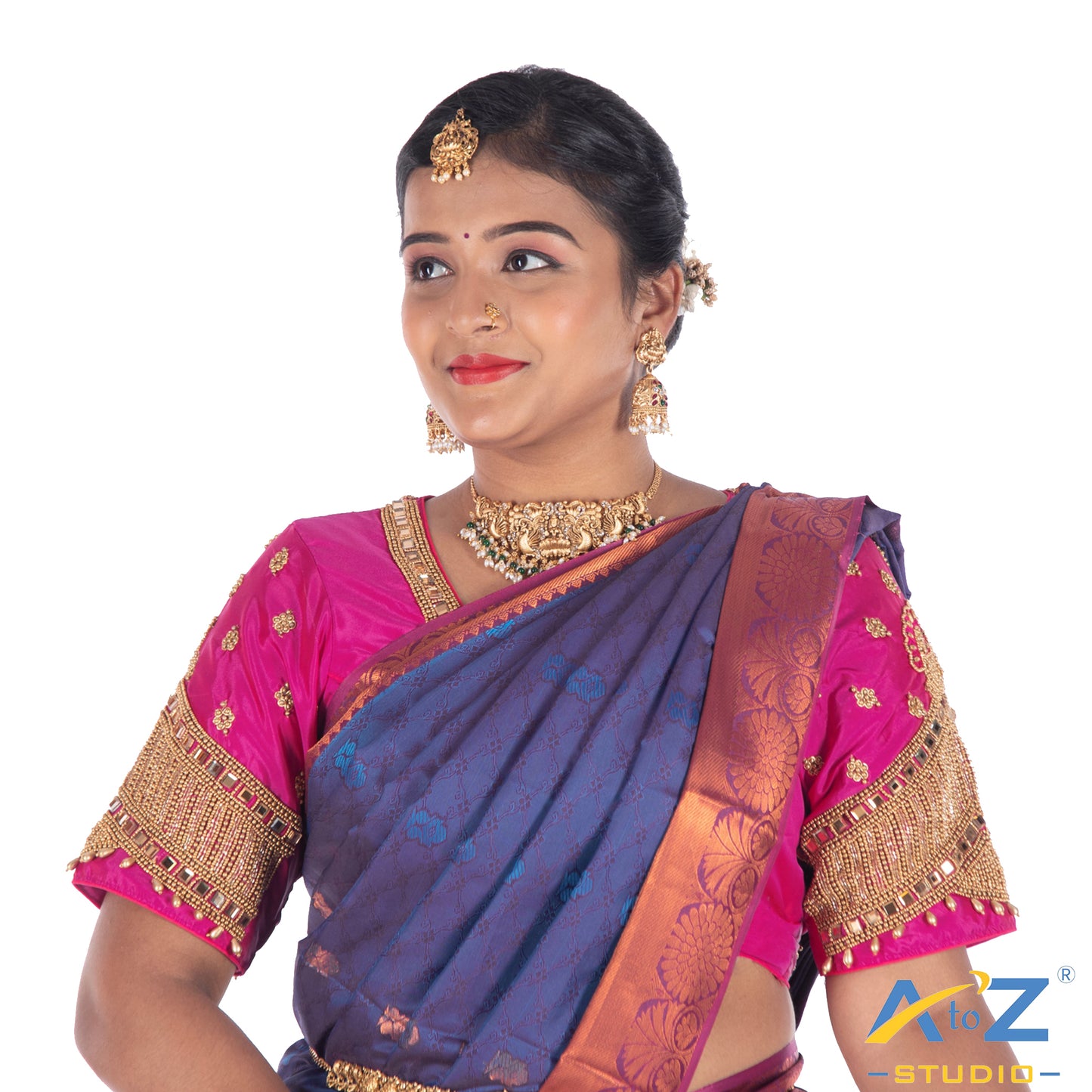 Fuchsia Silk Cloth Blouse with Small peacock ,chain and mirror Design