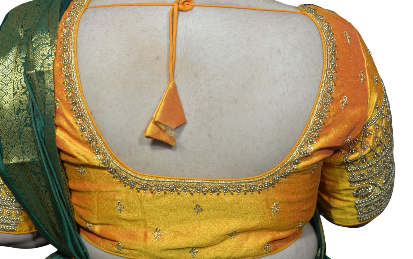 Designer Mango Blouse with Criss-Cross Floral Sleeves, Machine Front & Aari Embroidered Back"