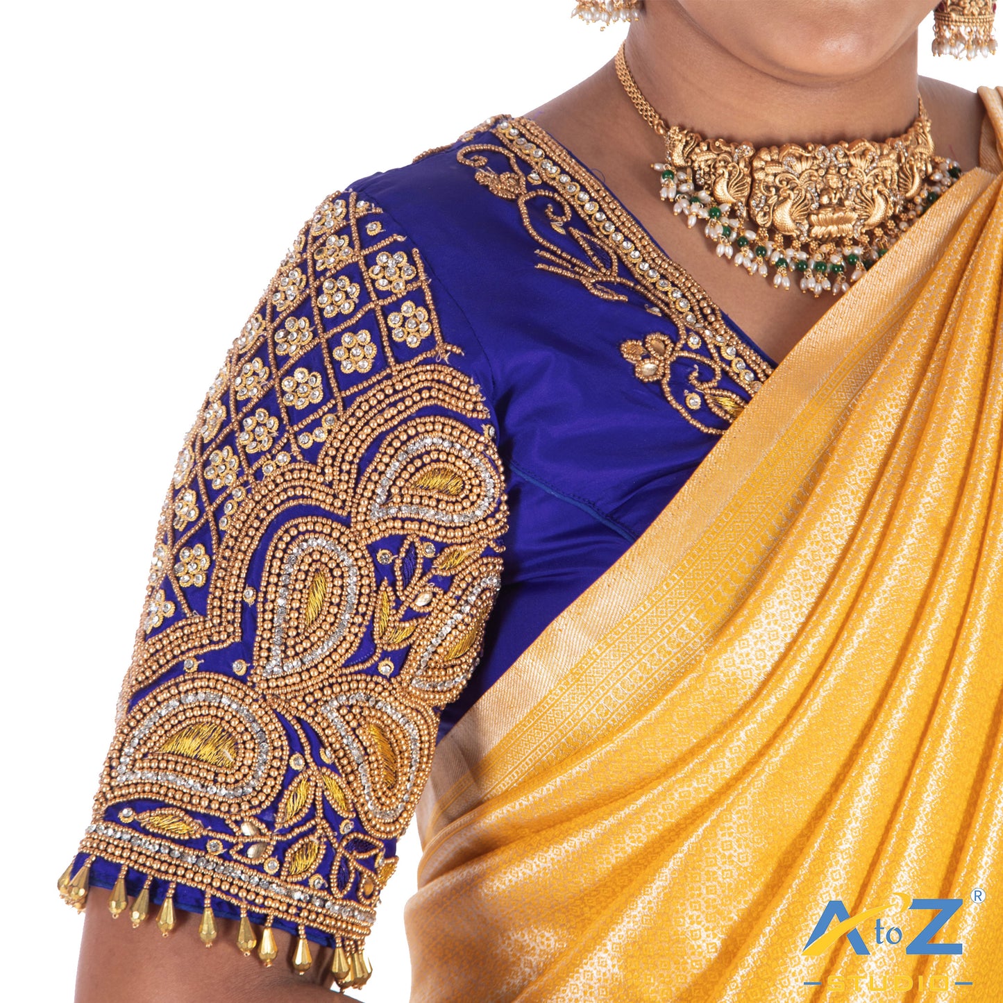 Royal Blue Silk Cloth Blouse with Mango and square flower Design
