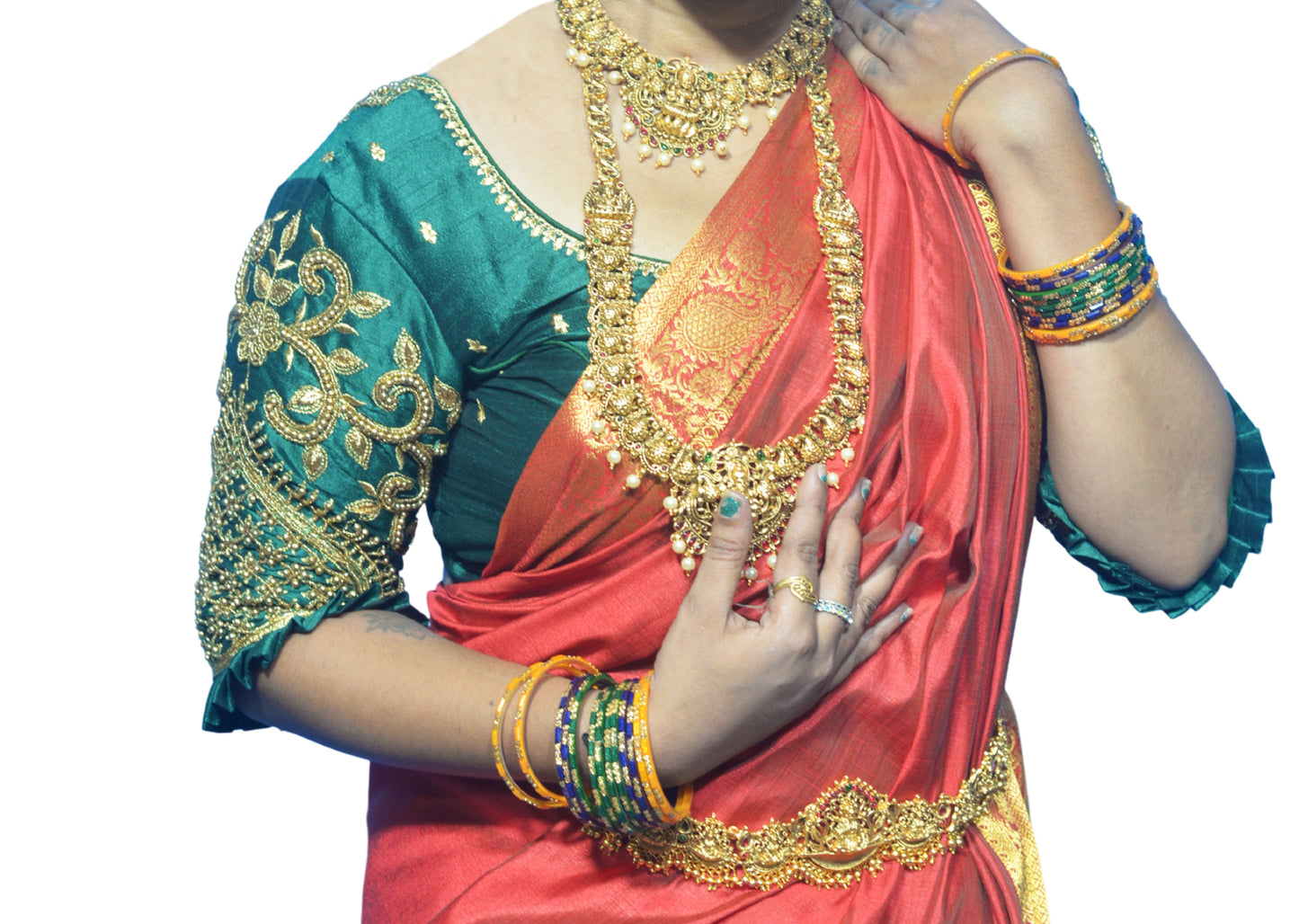 Dark Green Blouse with Leaf Sleeves & Dual Embroidery