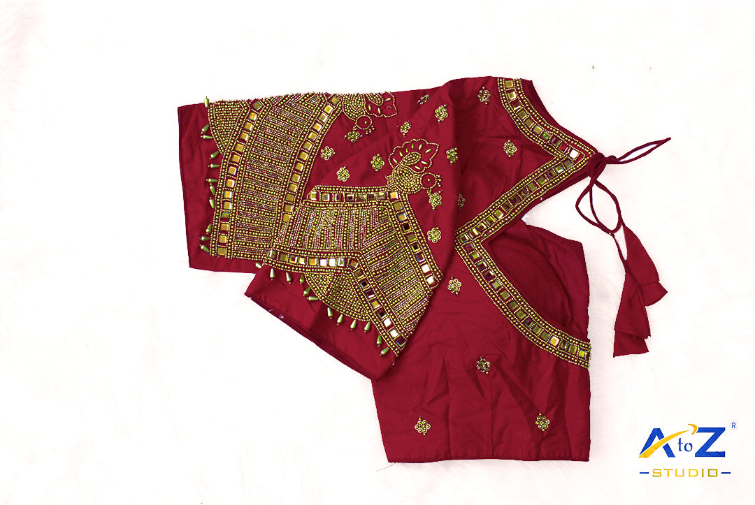 Dark Magenta Silk Cloth Blouse with Small peacock ,chain and mirror Design