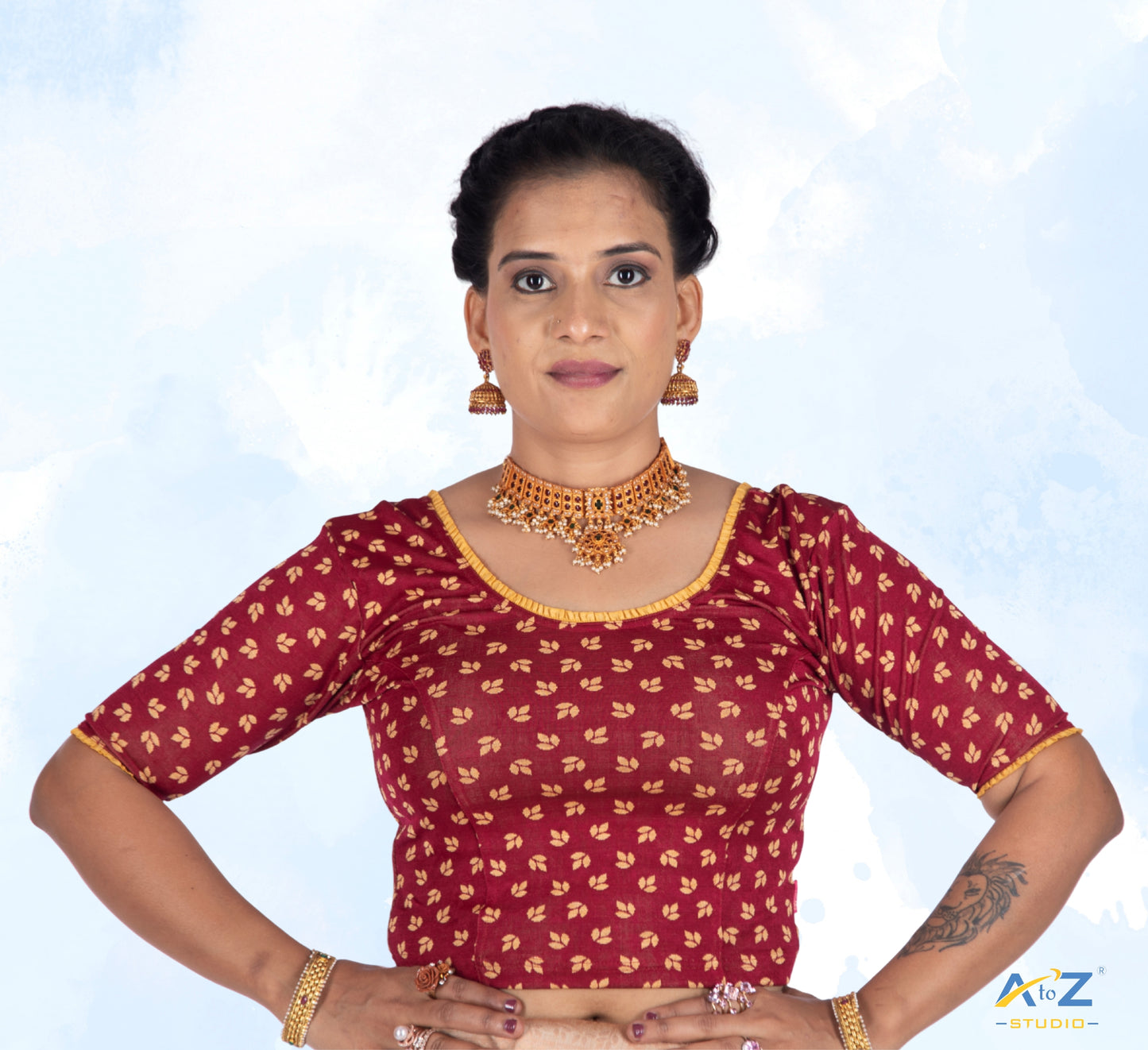 Maroon Nylon Lycra Leaf Design Elbow Sleeve Blouse