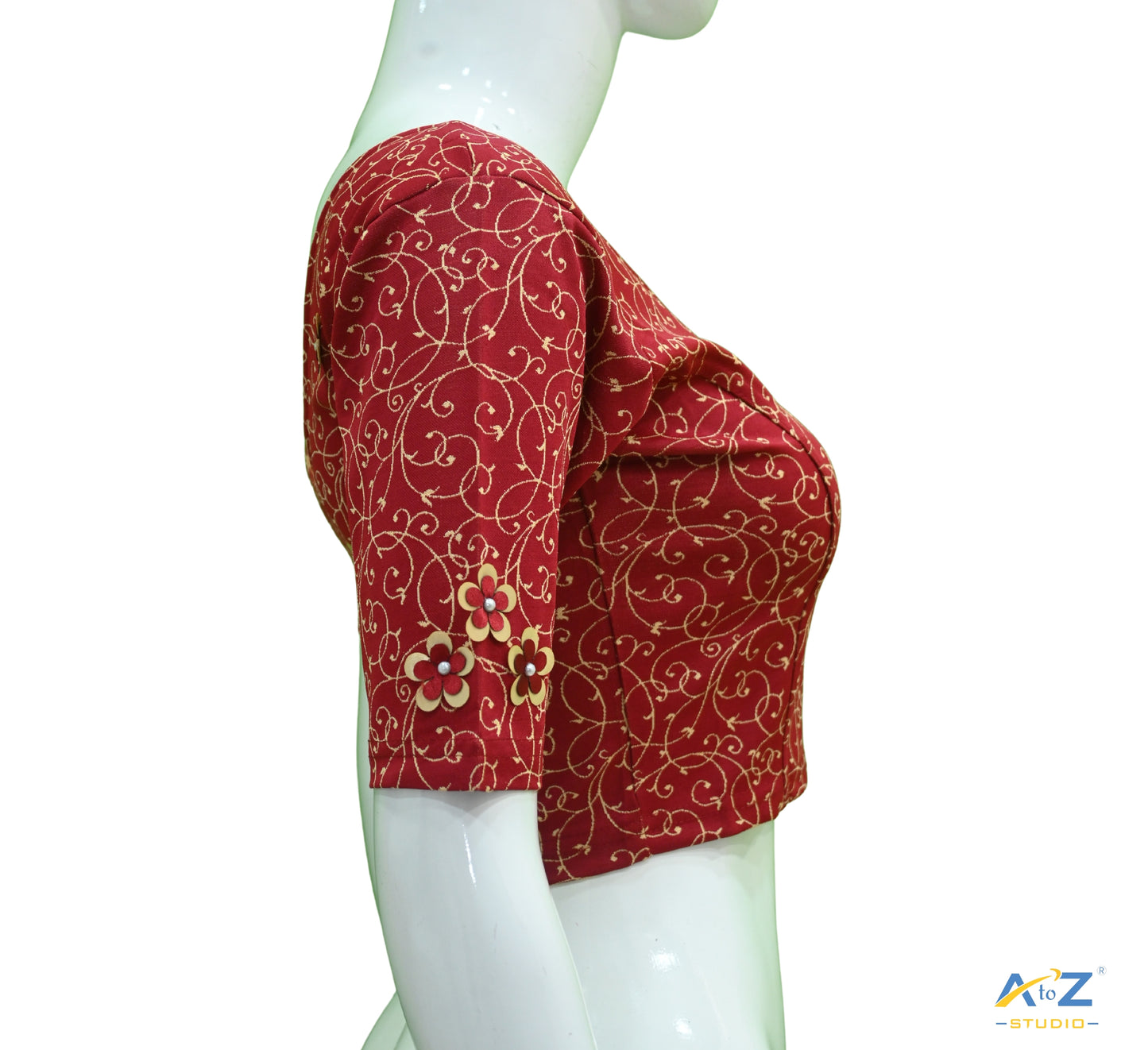 Maroon Nylon Lycra Blouse with Applique Flowers