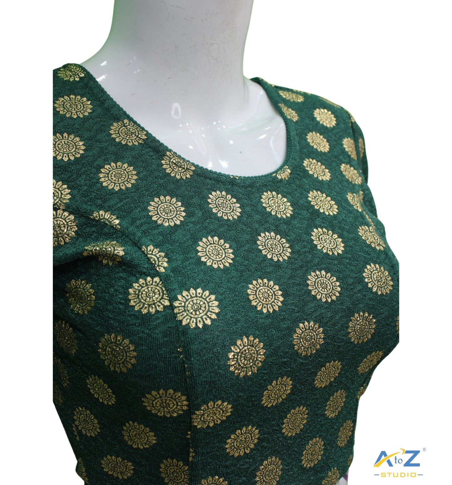 Dark Green Crush Blouse with Golden Sunflower