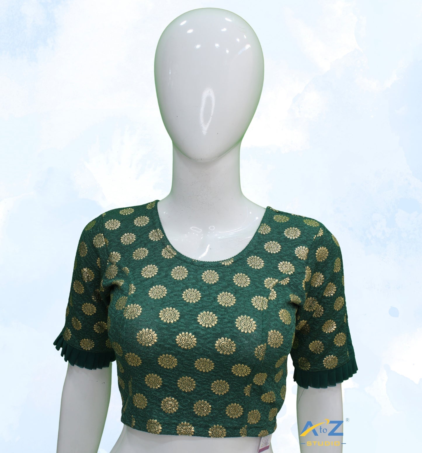 Dark Green Crush Blouse with Golden Sunflower